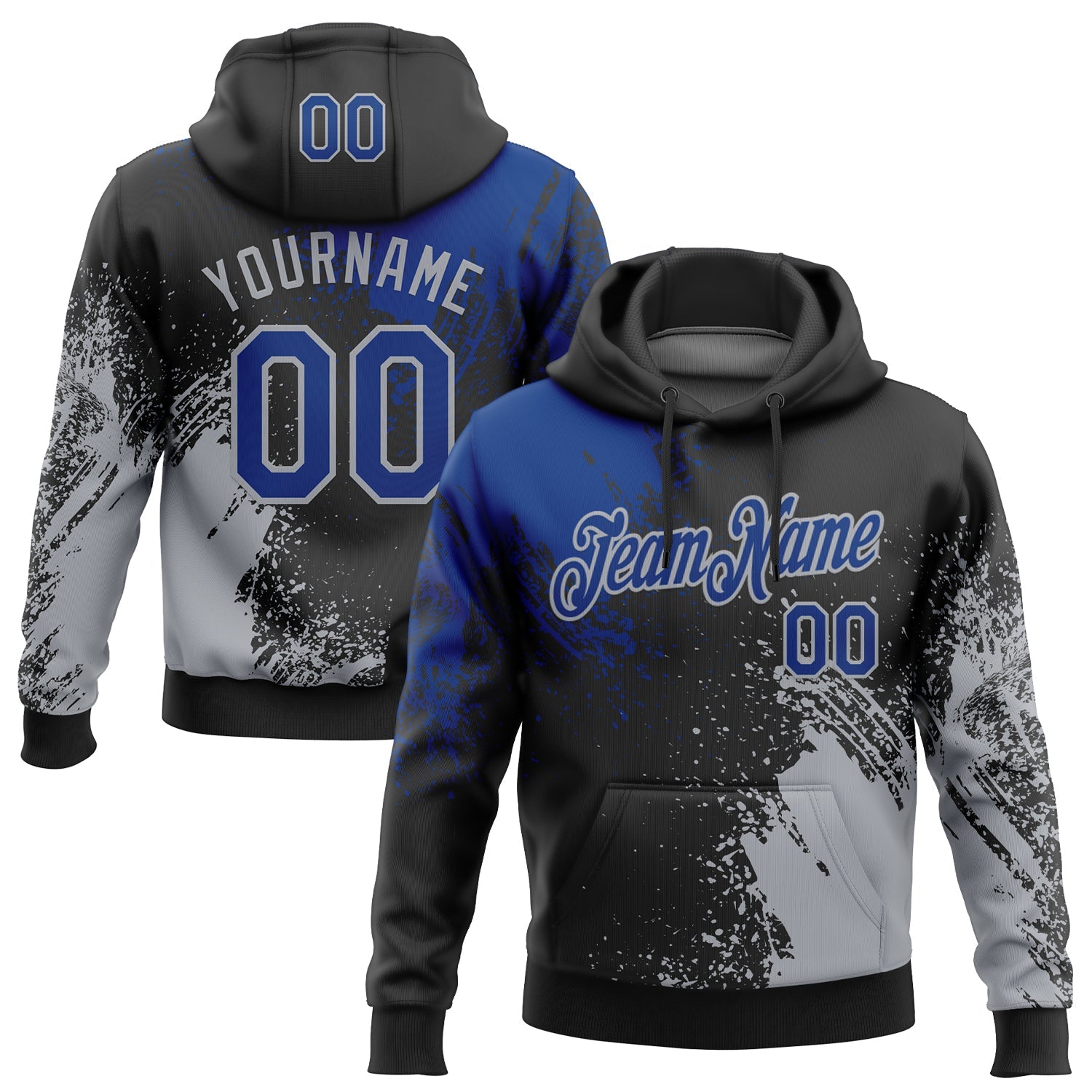 Custom Stitched Black Royal-Gray 3D Pattern Design Abstract Brush Stroke Sports Pullover Sweatshirt Hoodie - Main View