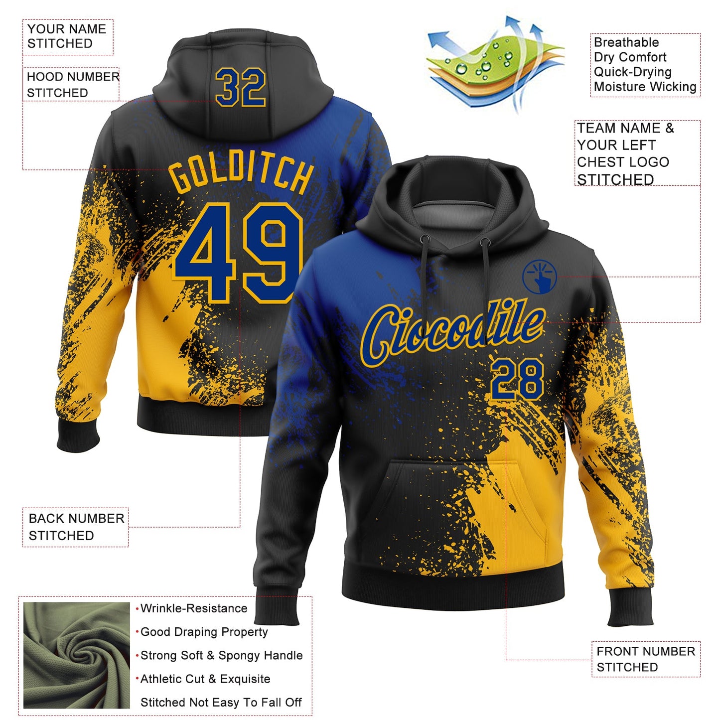 Custom Stitched Black Royal-Gold 3D Pattern Design Abstract Brush Stroke Sports Pullover Sweatshirt Hoodie view 2