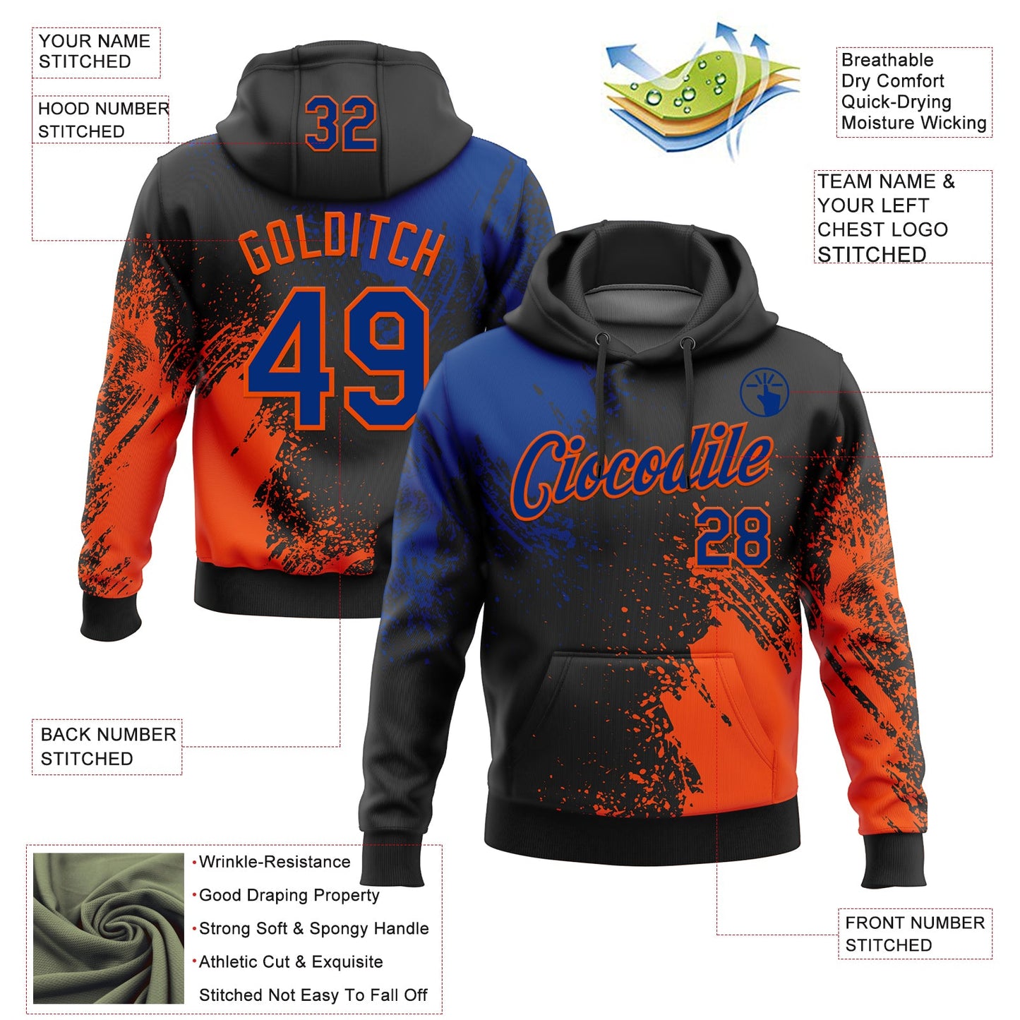 Custom Stitched Black Royal-Orange 3D Pattern Design Abstract Brush Stroke Sports Pullover Sweatshirt Hoodie view 2