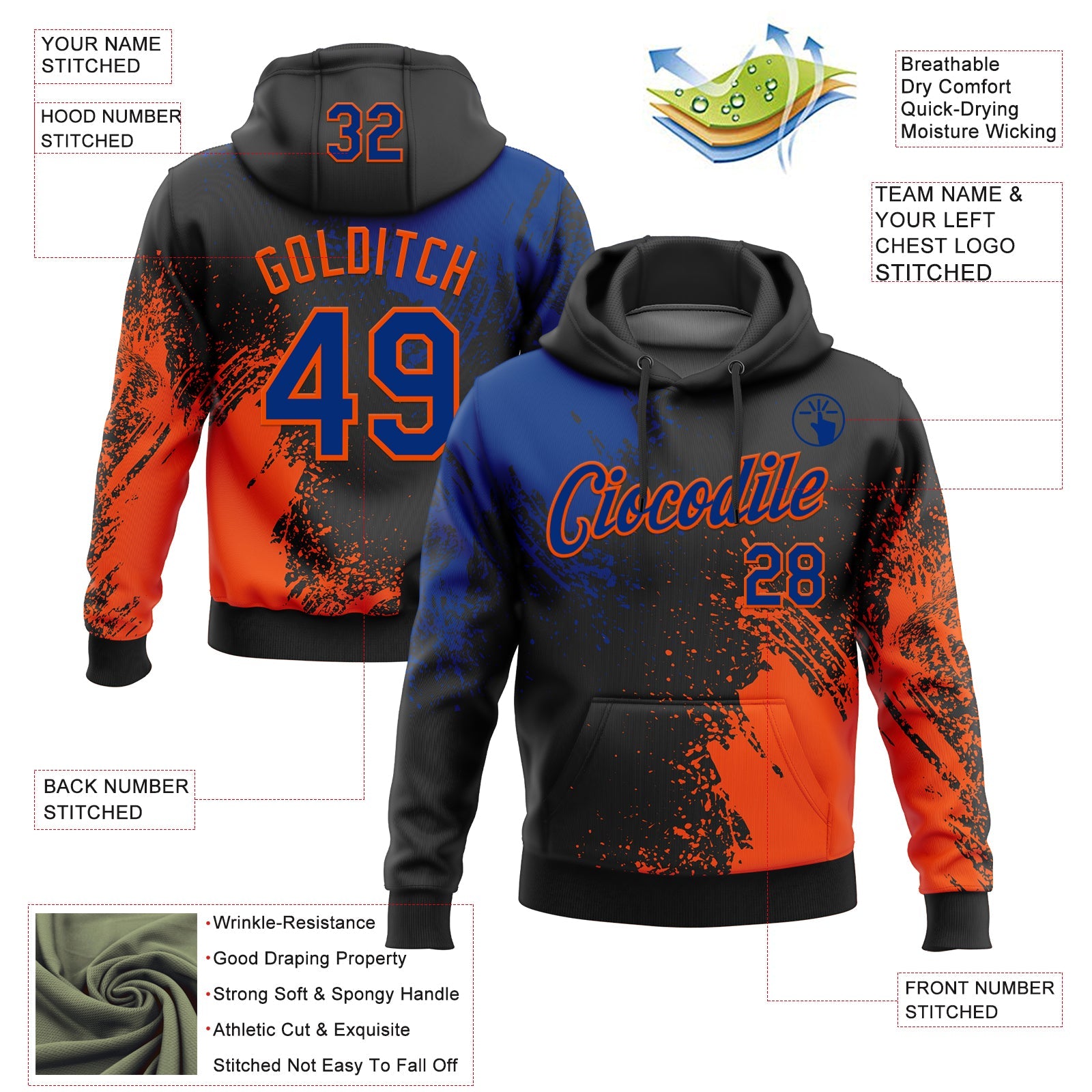 Custom Stitched Black Royal-Orange 3D Pattern Design Abstract Brush Stroke Sports Pullover Sweatshirt Hoodie view 2