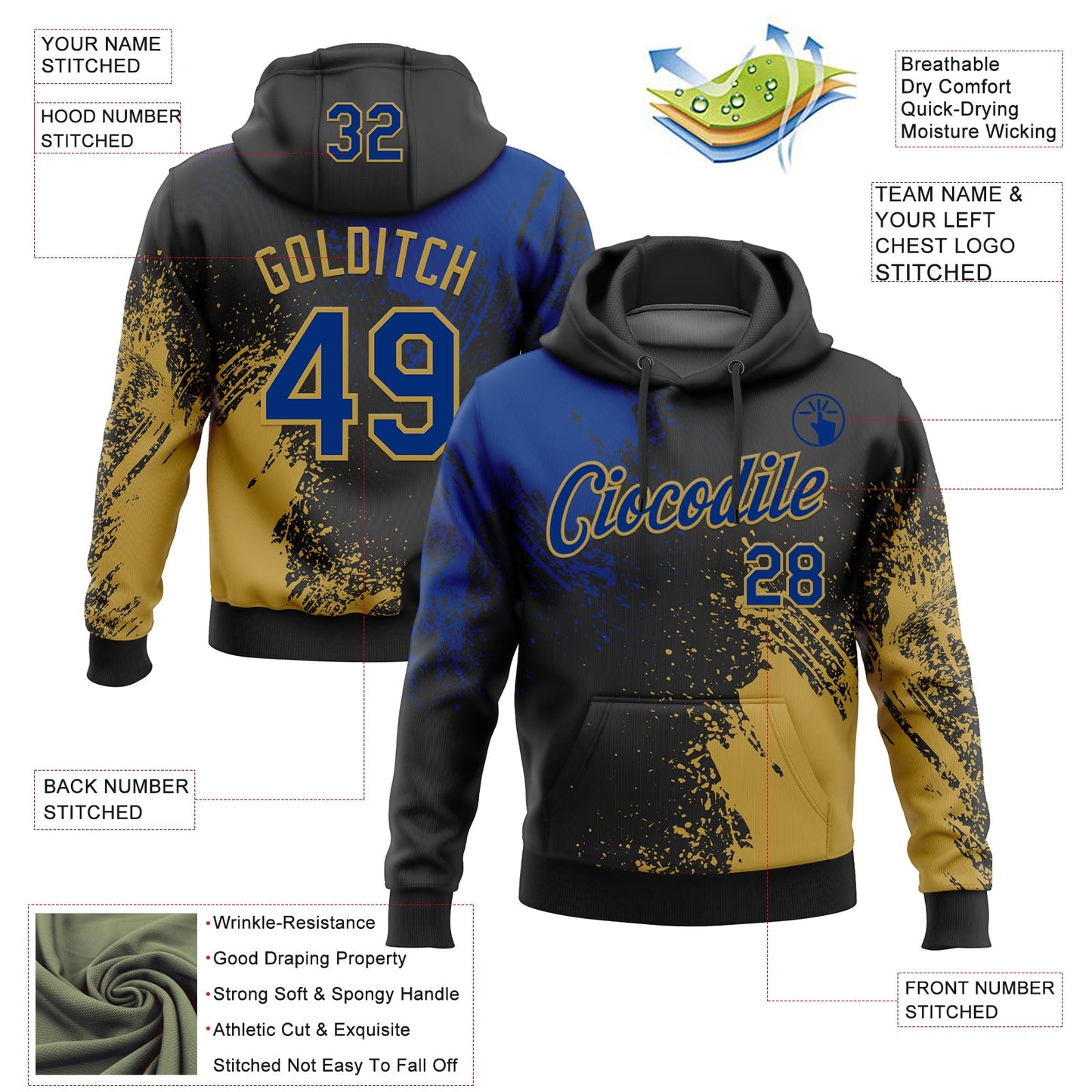 Custom Stitched Black Royal-Old Gold 3D Pattern Design Abstract Brush Stroke Sports Pullover Sweatshirt Hoodie view 2