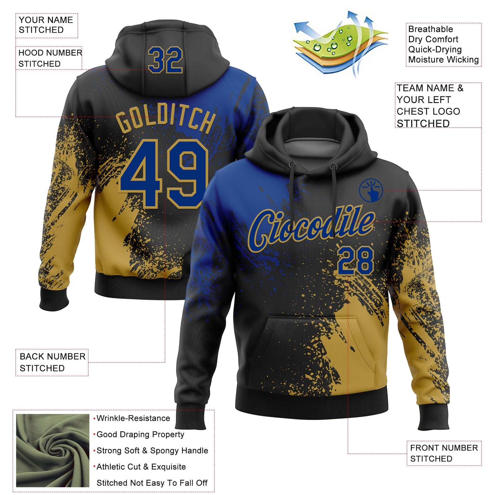 Custom Stitched Black Royal-Old Gold 3D Pattern Design Abstract Brush Stroke Sports Pullover Sweatshirt Hoodie view 2