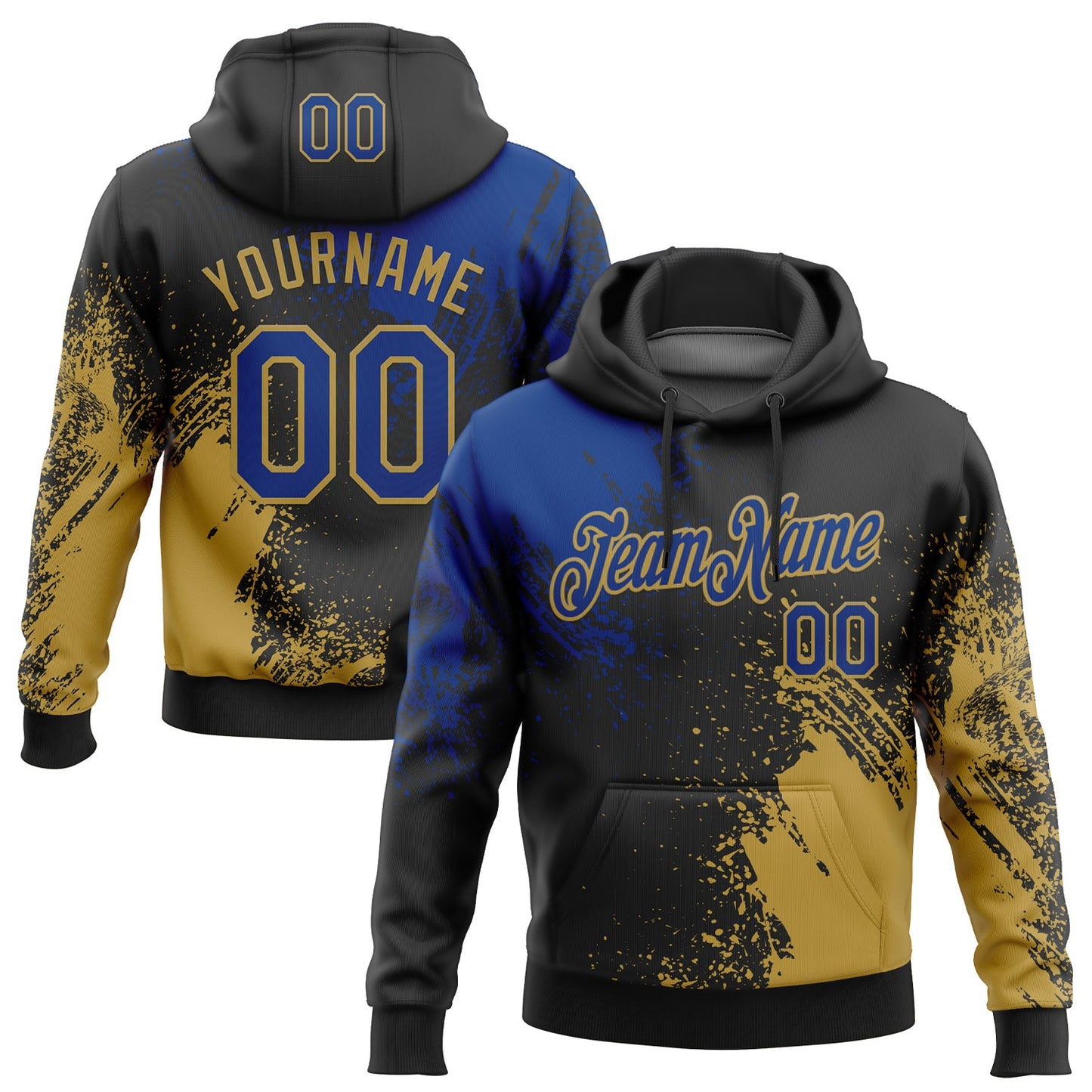 Custom Stitched Black Royal-Old Gold 3D Pattern Design Abstract Brush Stroke Sports Pullover Sweatshirt Hoodie - Main View