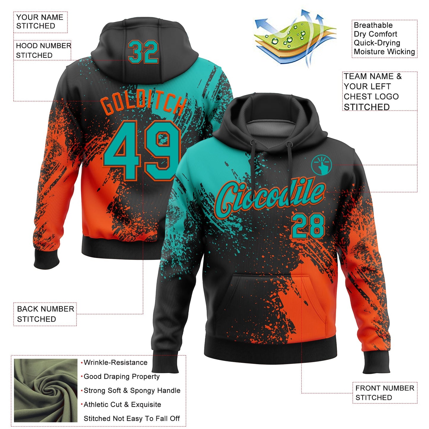Custom Stitched Black Aqua-Orange 3D Pattern Design Abstract Brush Stroke Sports Pullover Sweatshirt Hoodie view 2