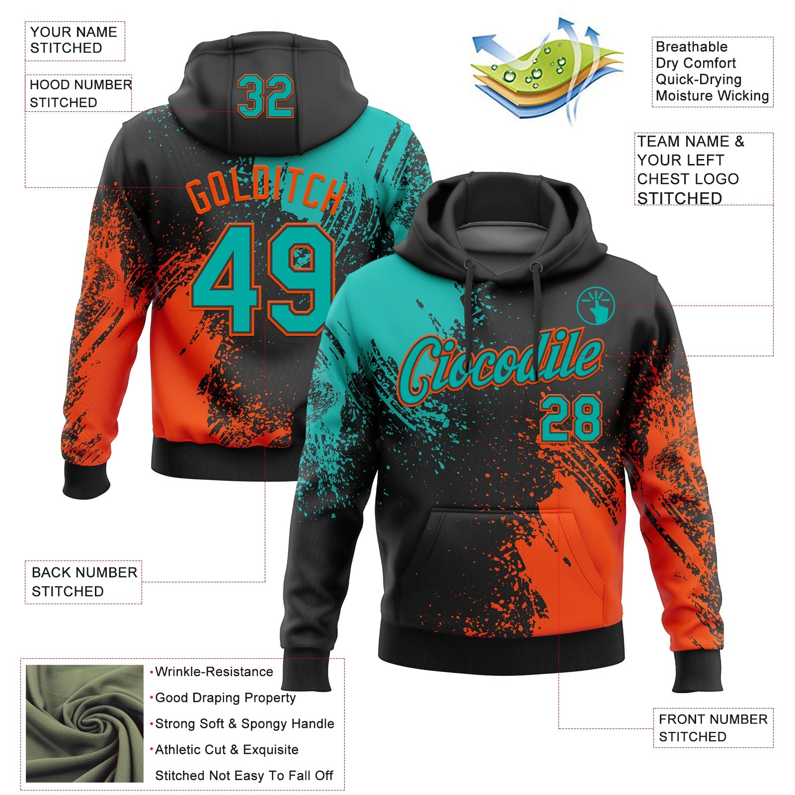 Custom Stitched Black Aqua-Orange 3D Pattern Design Abstract Brush Stroke Sports Pullover Sweatshirt Hoodie view 2