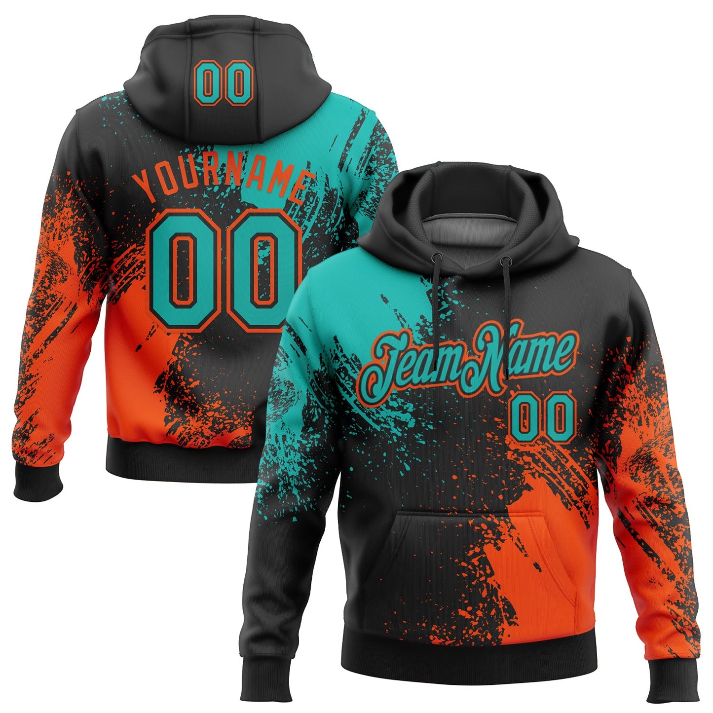 Custom Stitched Black Aqua-Orange 3D Pattern Design Abstract Brush Stroke Sports Pullover Sweatshirt Hoodie - Main View