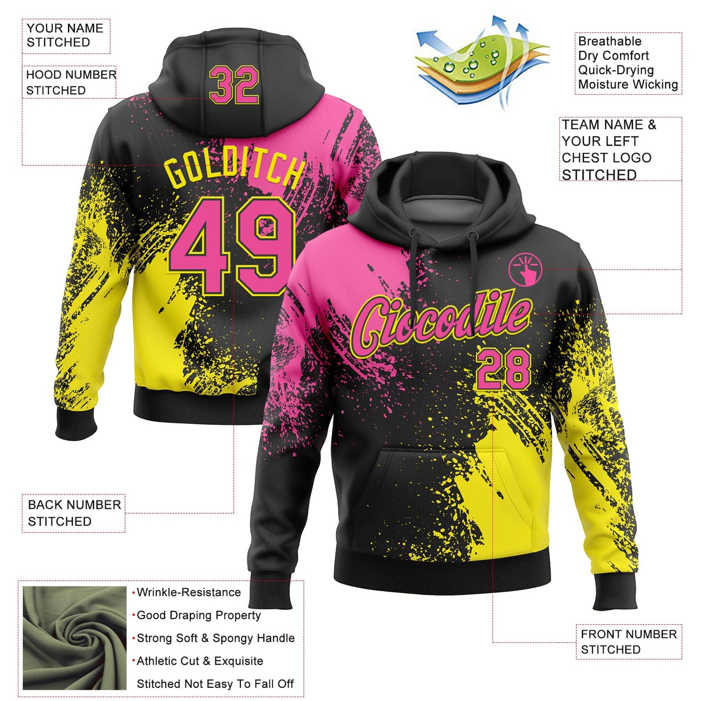 Custom Stitched Black Pink-Light Yellow 3D Pattern Design Abstract Brush Stroke Sports Pullover Sweatshirt Hoodie view 2