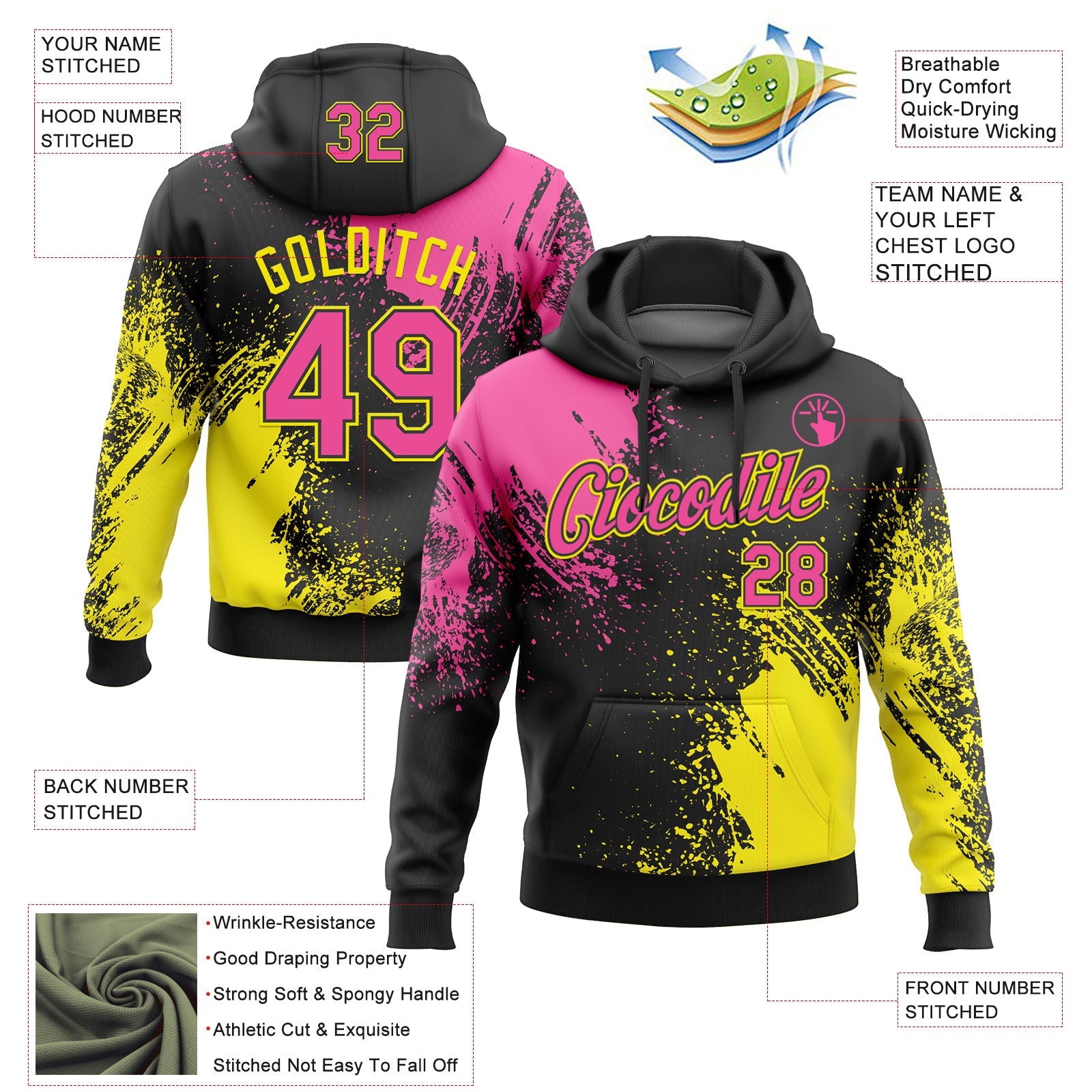 Custom Stitched Black Pink-Light Yellow 3D Pattern Design Abstract Brush Stroke Sports Pullover Sweatshirt Hoodie view 2