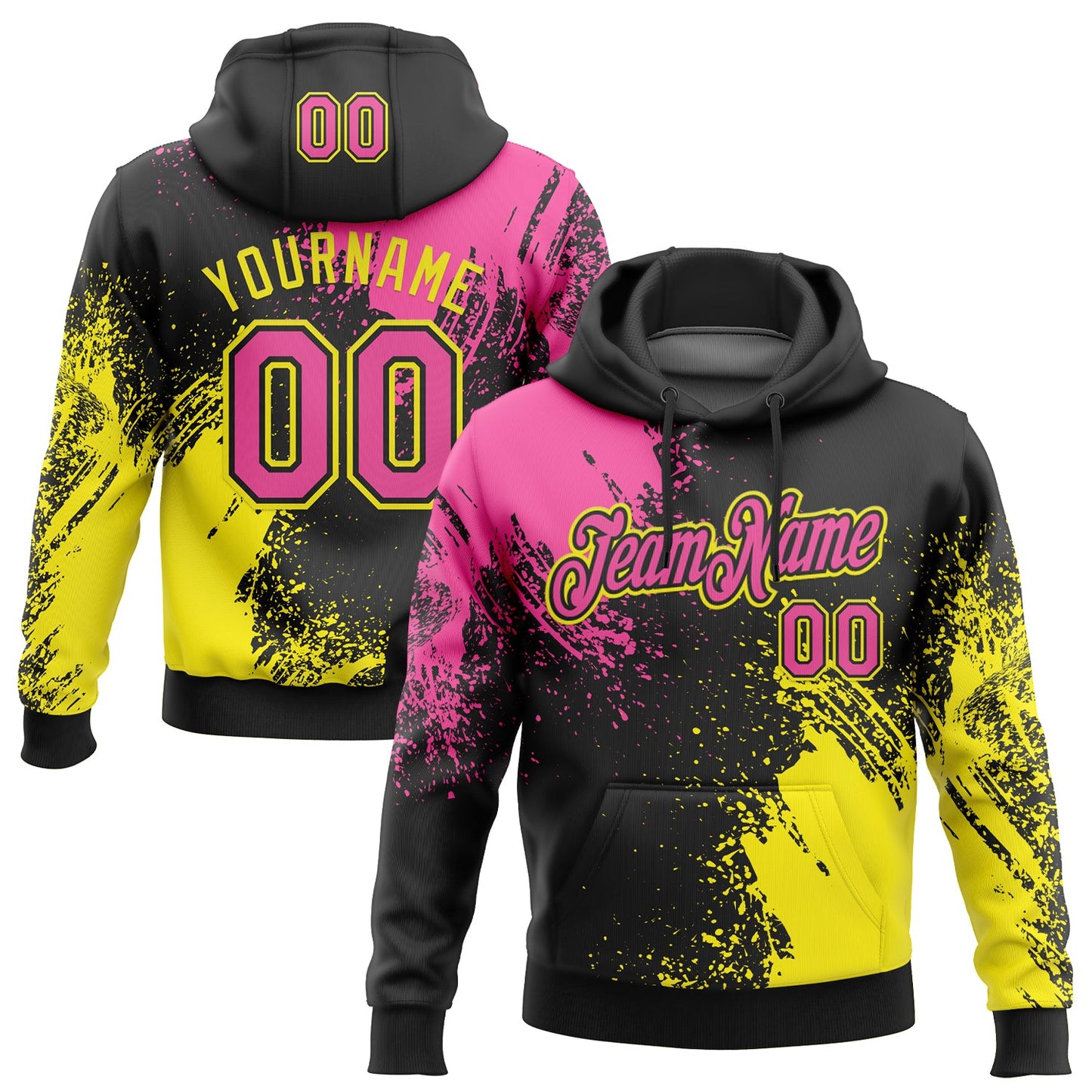 Custom Stitched Black Pink-Light Yellow 3D Pattern Design Abstract Brush Stroke Sports Pullover Sweatshirt Hoodie - Main View