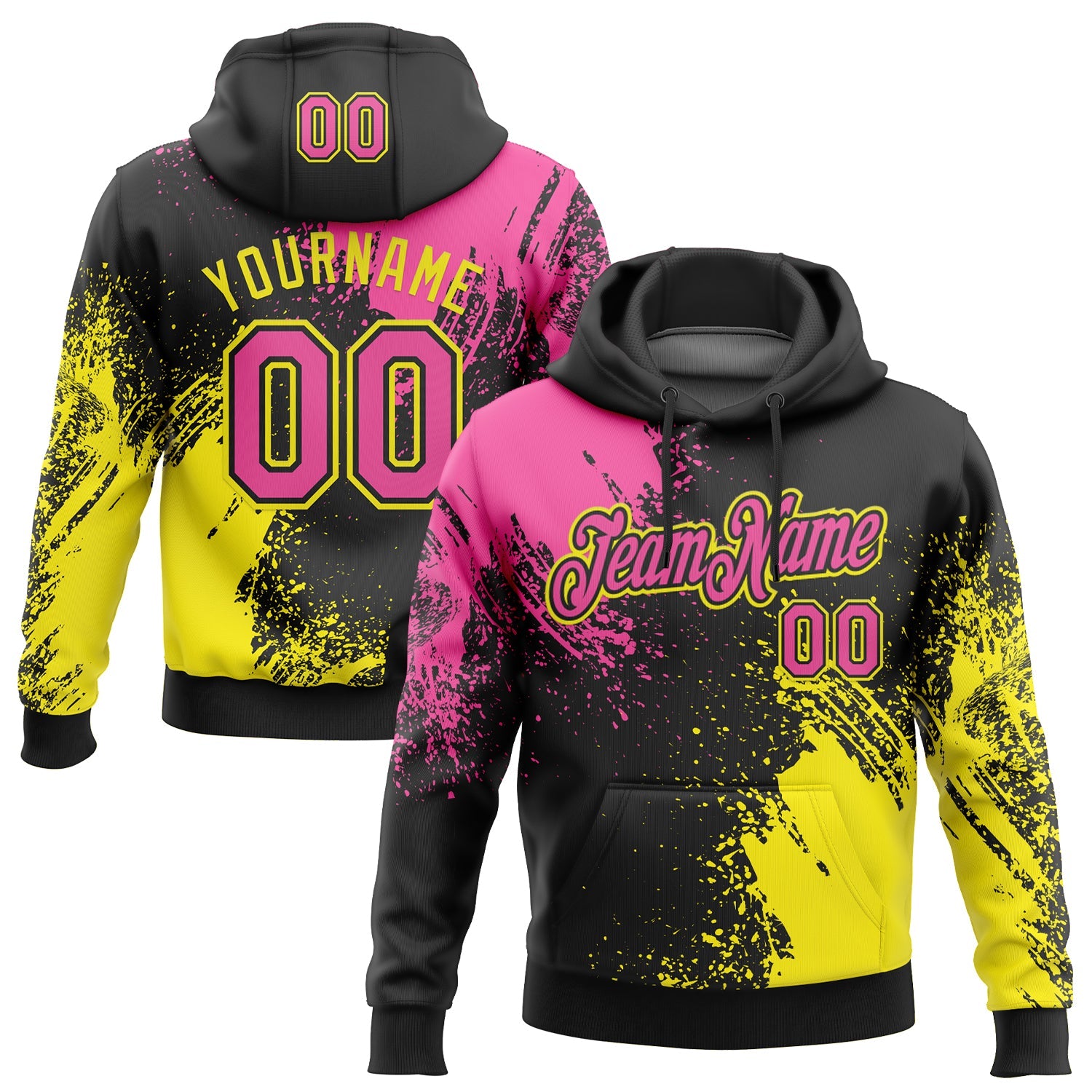 Custom Stitched Black Pink-Light Yellow 3D Pattern Design Abstract Brush Stroke Sports Pullover Sweatshirt Hoodie - Main View