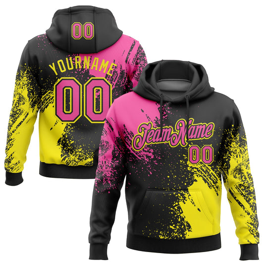 Custom Stitched Black Pink-Light Yellow 3D Pattern Design Abstract Brush Stroke Sports Pullover Sweatshirt Hoodie - Main View