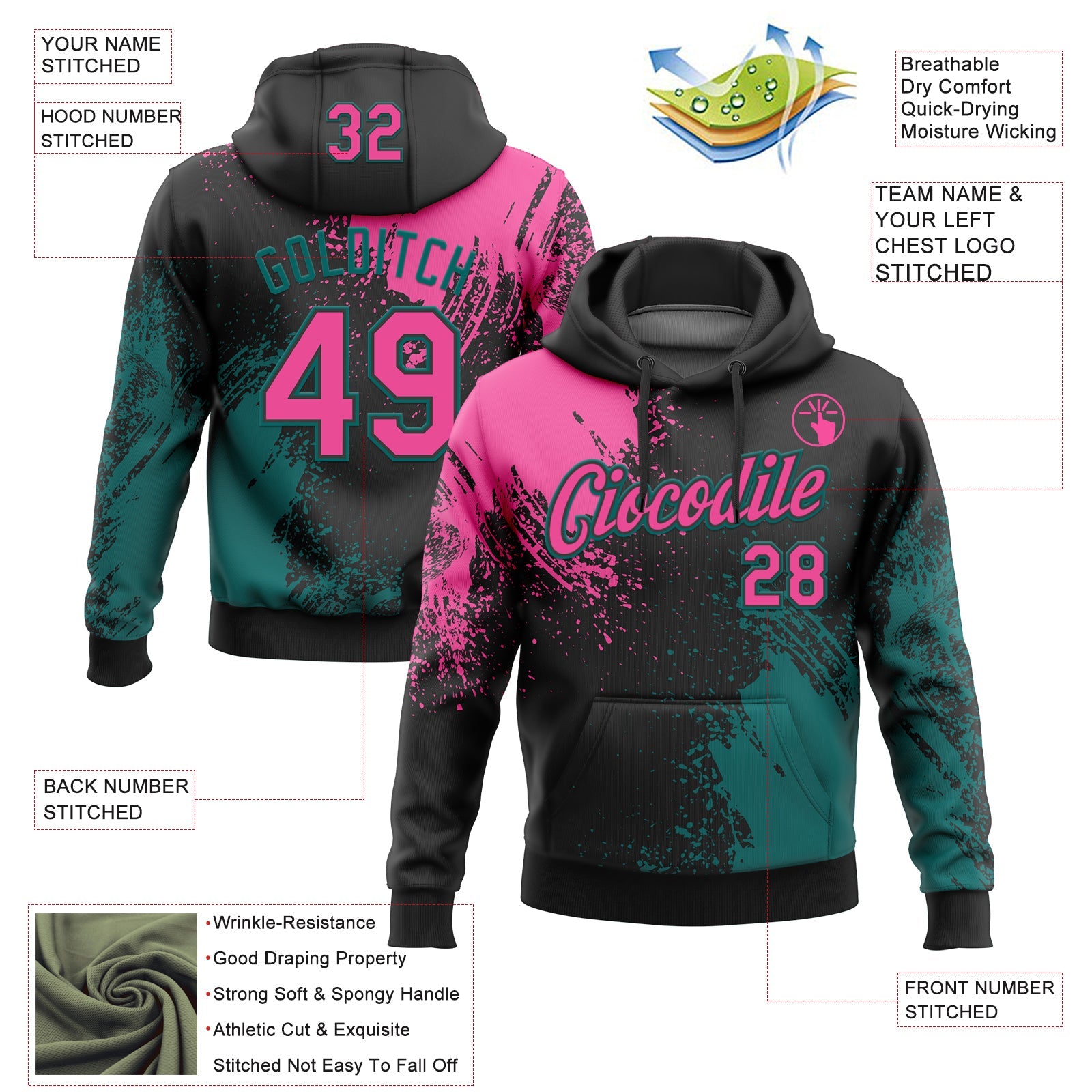Custom Stitched Black Pink-Teal 3D Pattern Design Abstract Brush Stroke Sports Pullover Sweatshirt Hoodie view 2