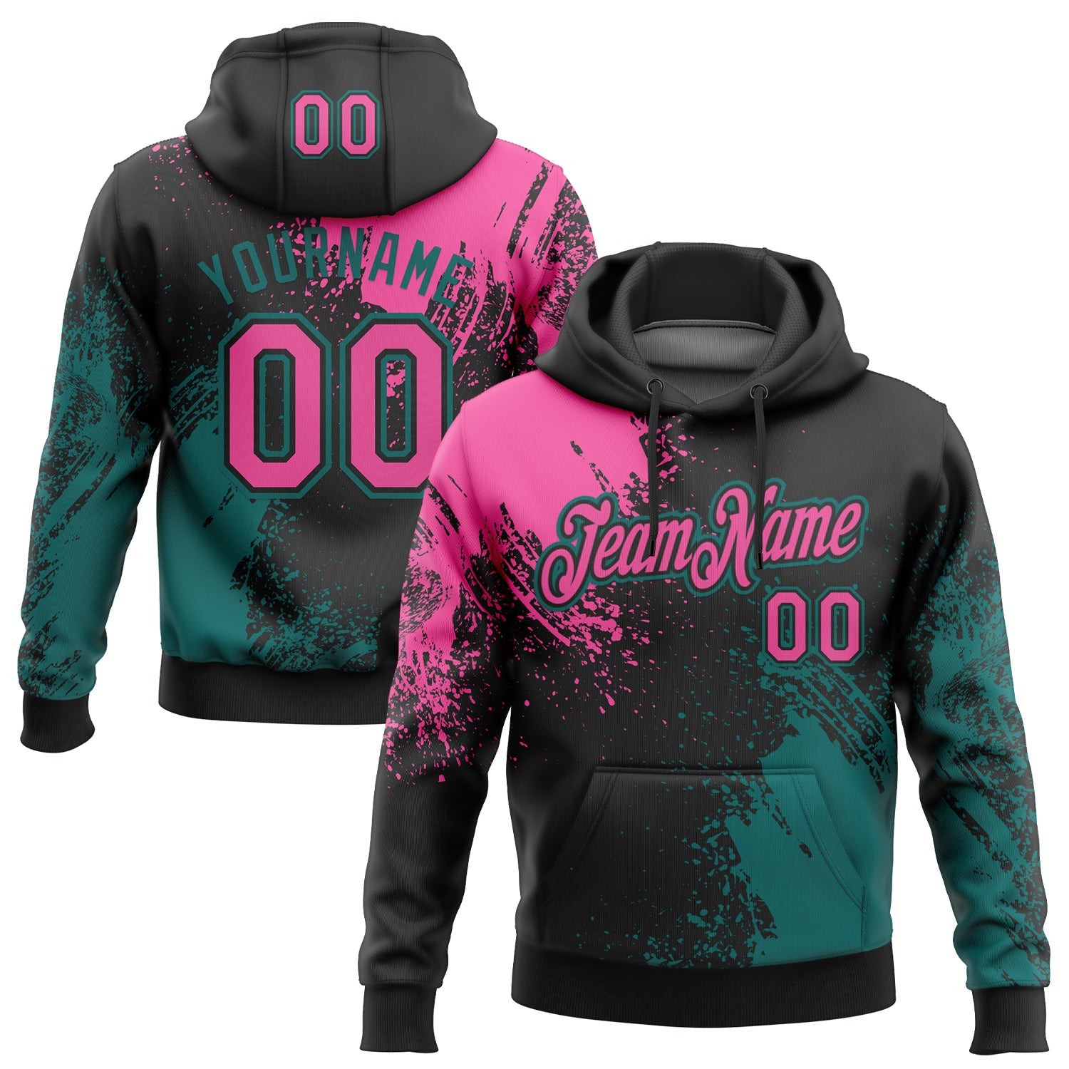 Custom Stitched Black Pink-Teal 3D Pattern Design Abstract Brush Stroke Sports Pullover Sweatshirt Hoodie - Main View