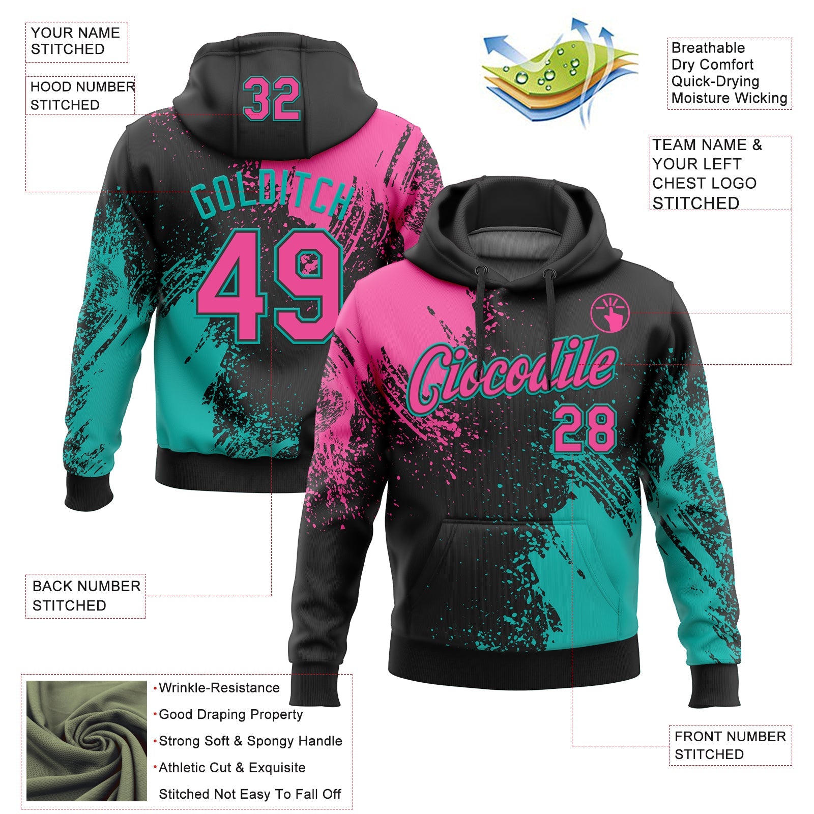 Custom Stitched Black Pink-Aqua 3D Pattern Design Abstract Brush Stroke Sports Pullover Sweatshirt Hoodie view 2