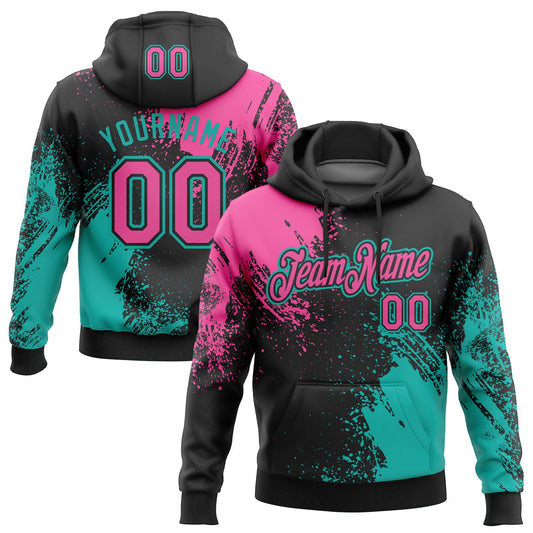 Custom Stitched Black Pink-Aqua 3D Pattern Design Abstract Brush Stroke Sports Pullover Sweatshirt Hoodie - Main View