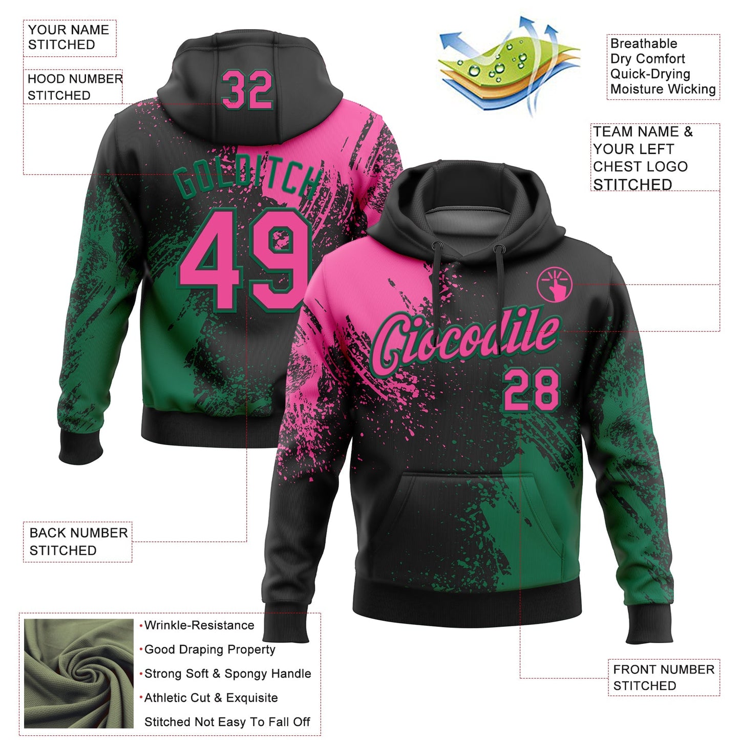 Custom Stitched Black Pink-Kelly Green 3D Pattern Design Abstract Brush Stroke Sports Pullover Sweatshirt Hoodie view 2