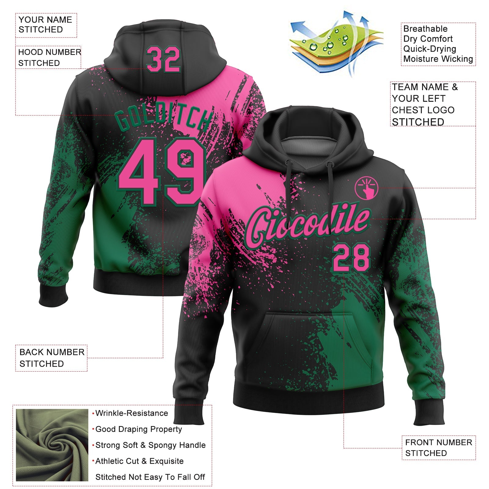 Custom Stitched Black Pink-Kelly Green 3D Pattern Design Abstract Brush Stroke Sports Pullover Sweatshirt Hoodie view 2