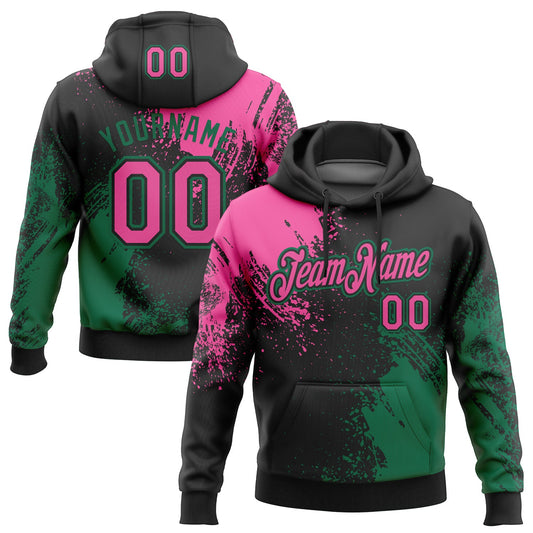 Custom Stitched Black Pink-Kelly Green 3D Pattern Design Abstract Brush Stroke Sports Pullover Sweatshirt Hoodie - Main View