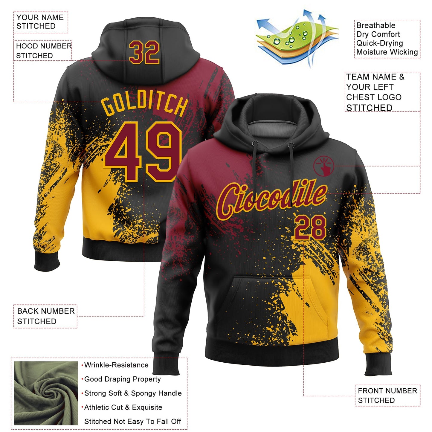 Custom Stitched Black Crimson-Gold 3D Pattern Design Abstract Brush Stroke Sports Pullover Sweatshirt Hoodie view 2