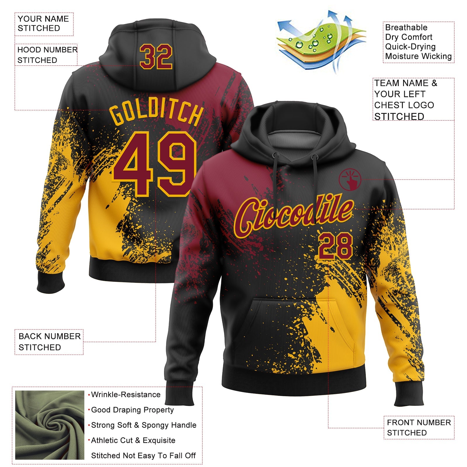 Custom Stitched Black Crimson-Gold 3D Pattern Design Abstract Brush Stroke Sports Pullover Sweatshirt Hoodie view 2