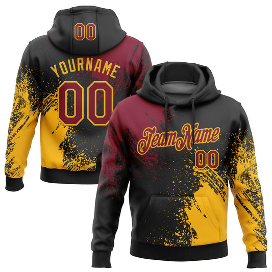 Custom Stitched Black Crimson-Gold 3D Pattern Design Abstract Brush Stroke Sports Pullover Sweatshirt Hoodie - Main View