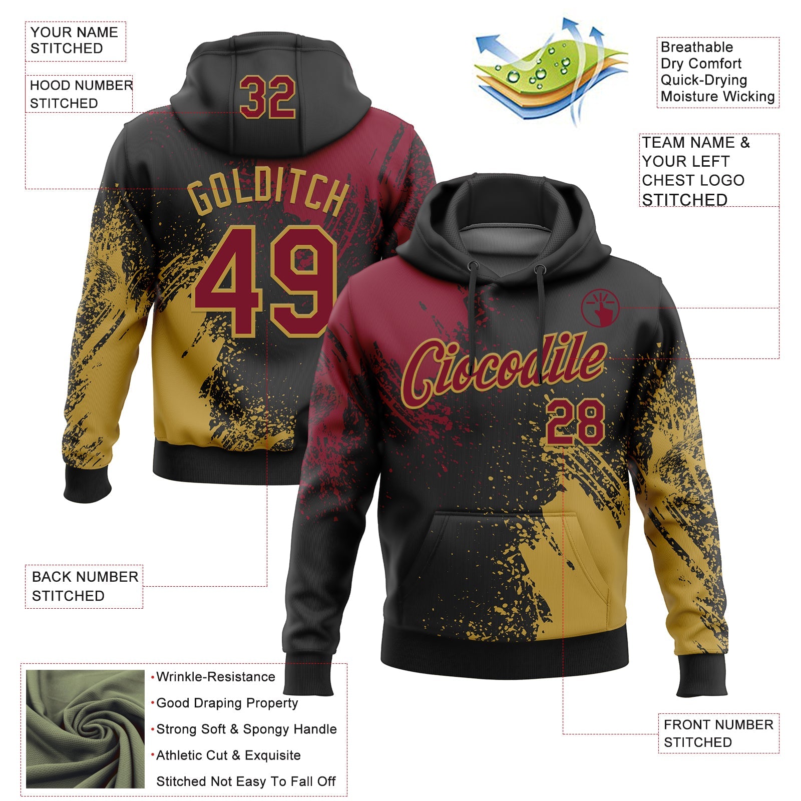 Custom Stitched Black Crimson-Old Gold 3D Pattern Design Abstract Brush Stroke Sports Pullover Sweatshirt Hoodie view 2