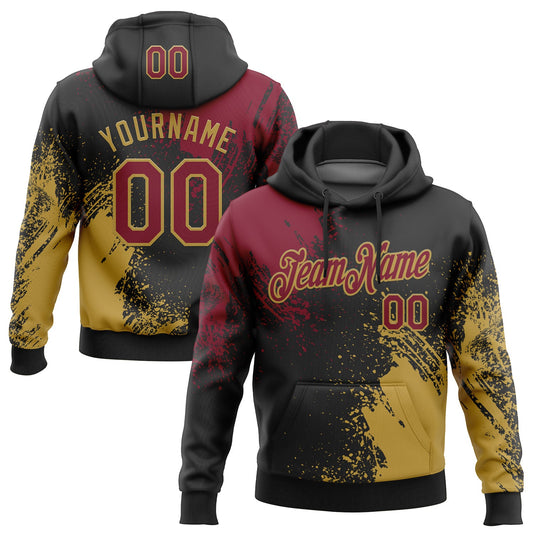 Custom Stitched Black Crimson-Old Gold 3D Pattern Design Abstract Brush Stroke Sports Pullover Sweatshirt Hoodie - Main View