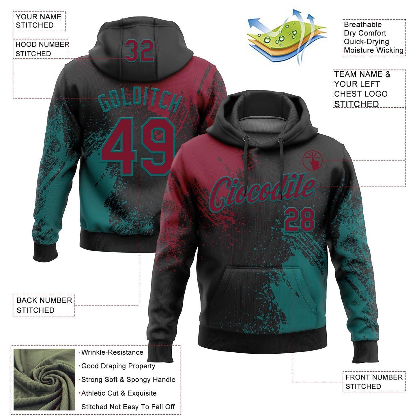 Custom Stitched Black Crimson-Teal 3D Pattern Design Abstract Brush Stroke Sports Pullover Sweatshirt Hoodie view 2