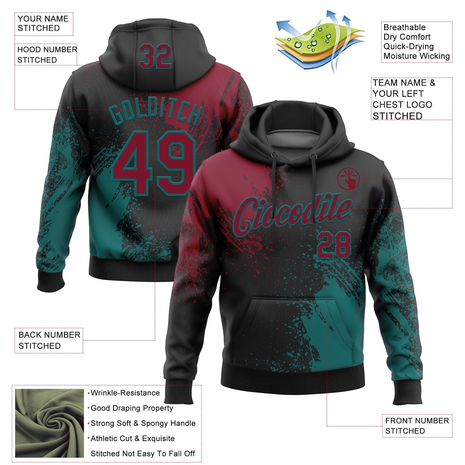 Custom Stitched Black Crimson-Teal 3D Pattern Design Abstract Brush Stroke Sports Pullover Sweatshirt Hoodie view 2