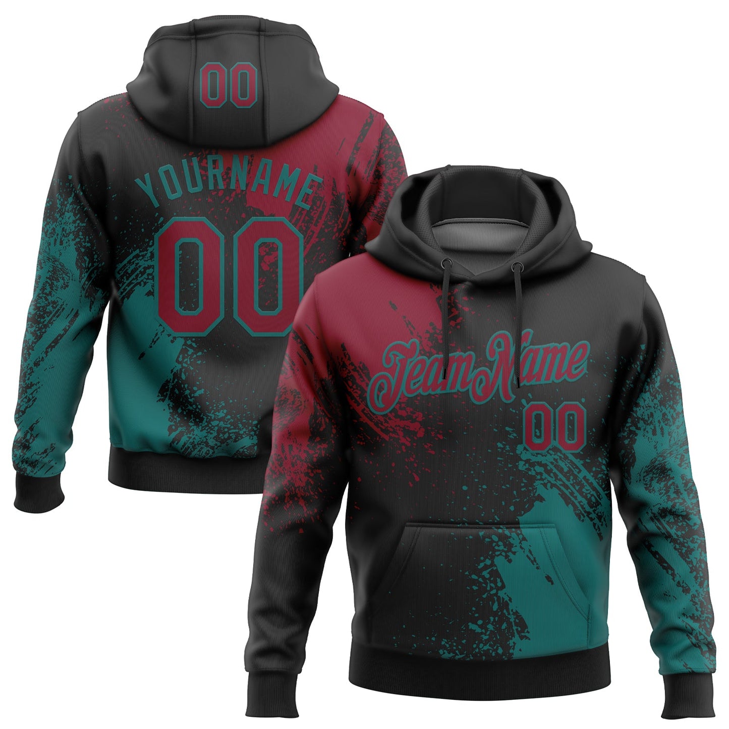 Custom Stitched Black Crimson-Teal 3D Pattern Design Abstract Brush Stroke Sports Pullover Sweatshirt Hoodie - Main View