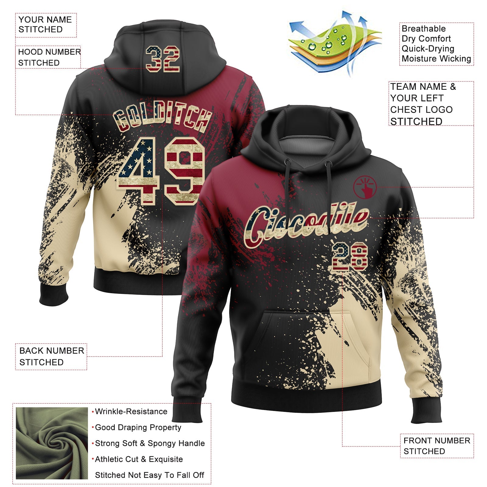 Custom Stitched Black Vintage USA Flag Crimson-Cream 3D Pattern Design Abstract Brush Stroke Sports Pullover Sweatshirt Hoodie view 2
