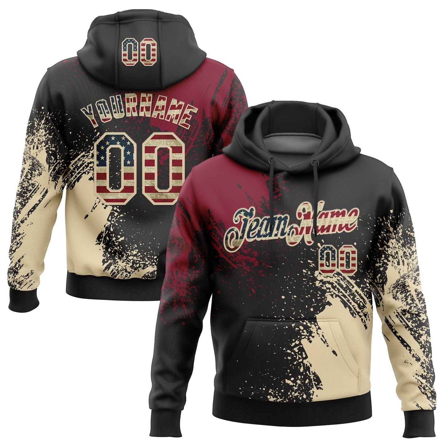 Custom Stitched Black Vintage USA Flag Crimson-Cream 3D Pattern Design Abstract Brush Stroke Sports Pullover Sweatshirt Hoodie - Main View