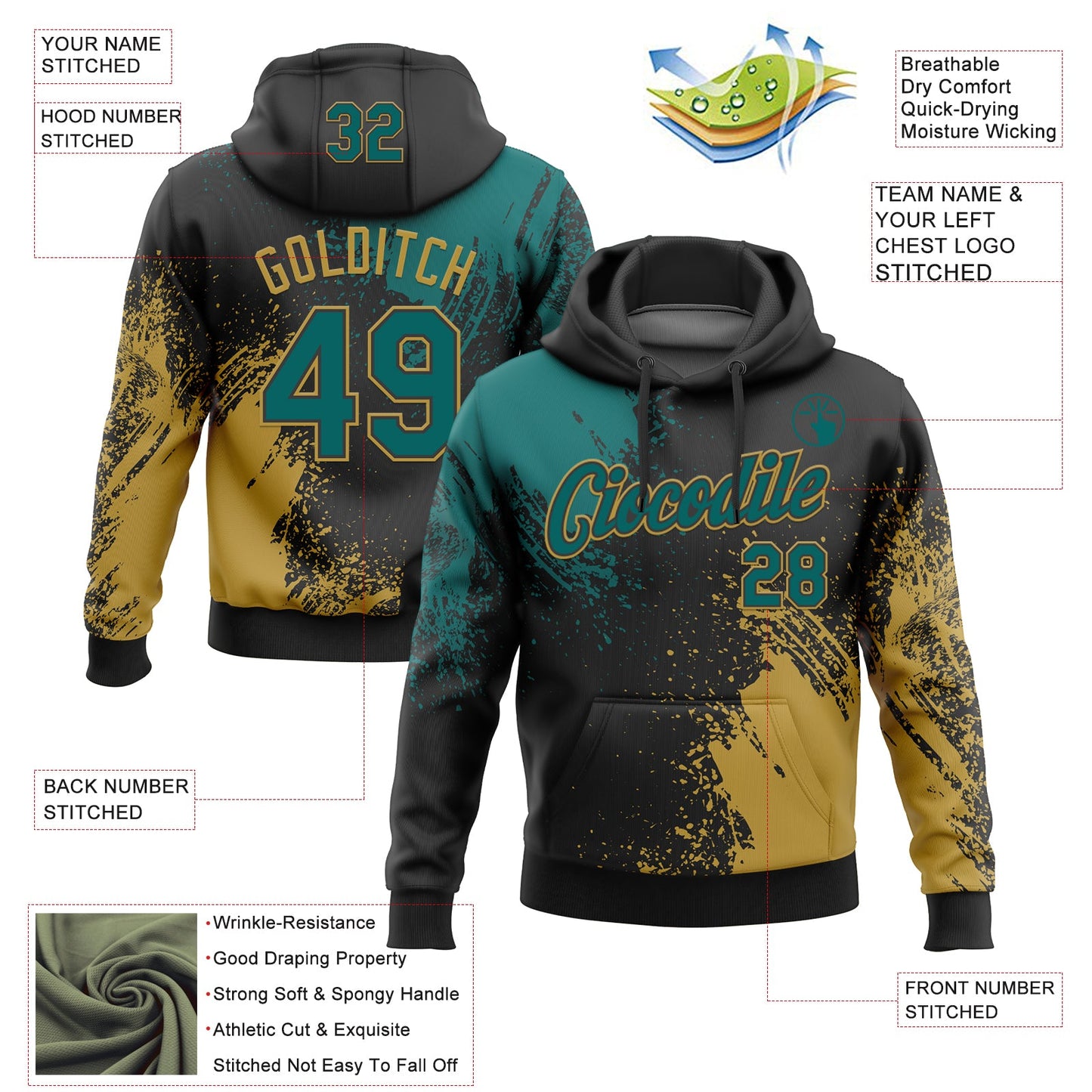Custom Stitched Black Teal-Old Gold 3D Pattern Design Abstract Brush Stroke Sports Pullover Sweatshirt Hoodie view 2