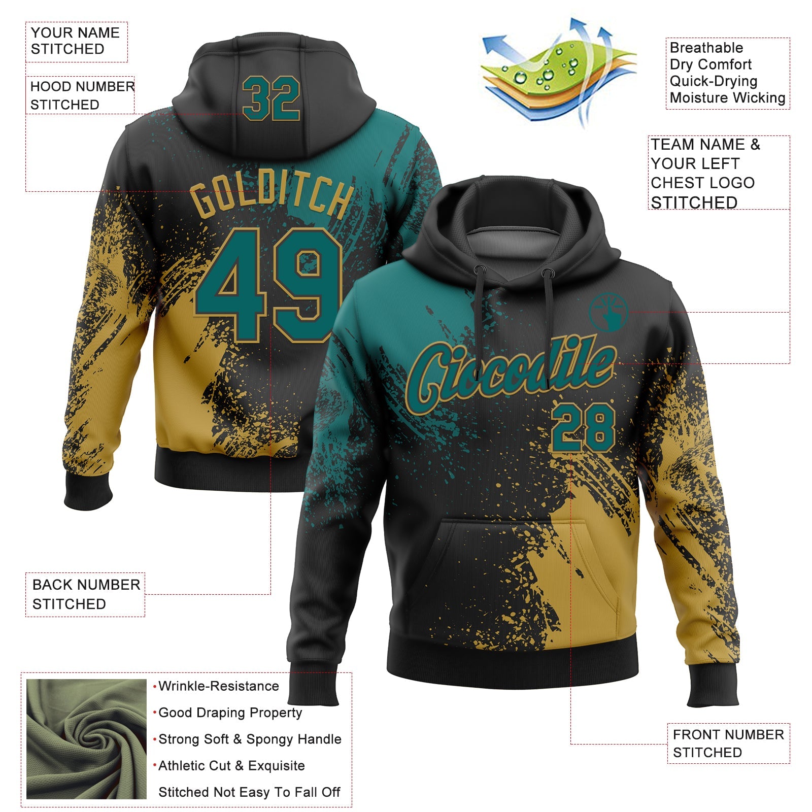 Custom Stitched Black Teal-Old Gold 3D Pattern Design Abstract Brush Stroke Sports Pullover Sweatshirt Hoodie view 2