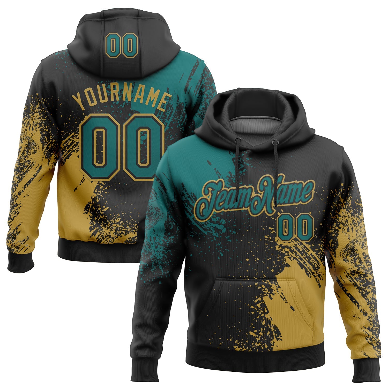 Custom Stitched Black Teal-Old Gold 3D Pattern Design Abstract Brush Stroke Sports Pullover Sweatshirt Hoodie - Main View