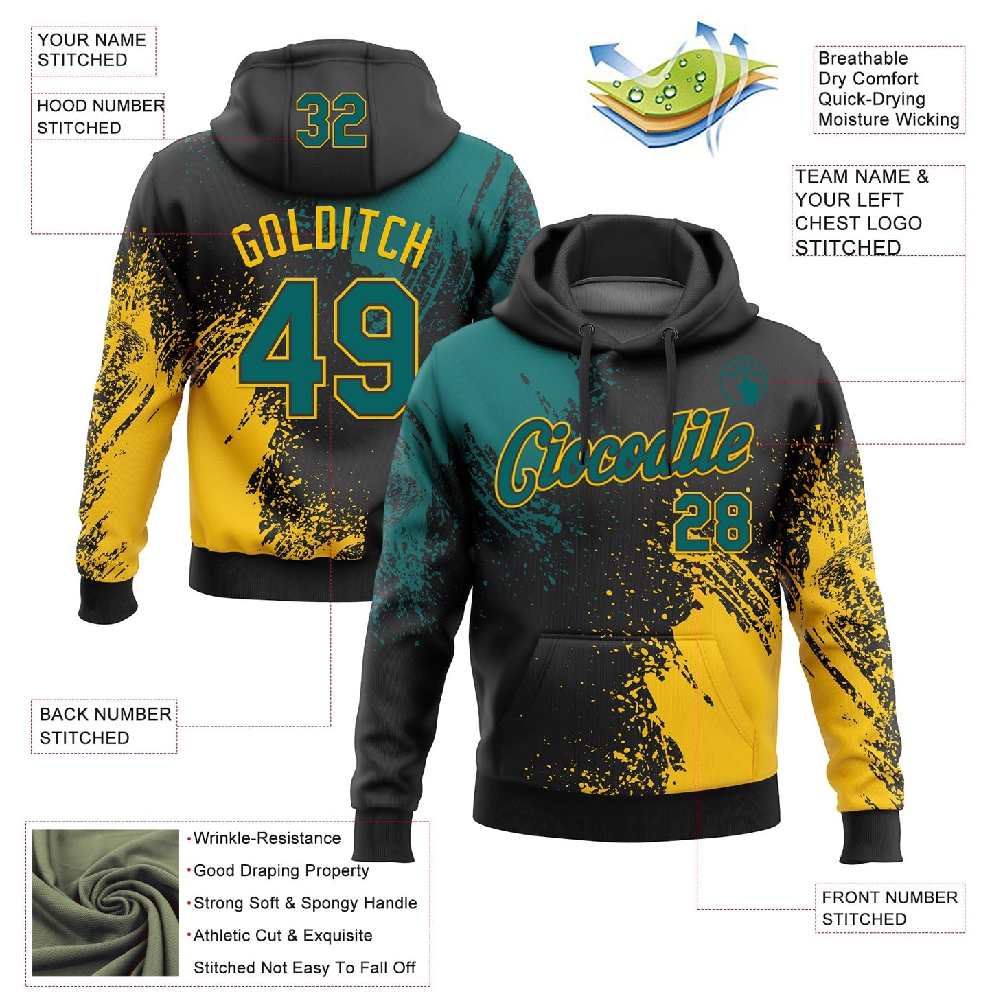 Custom Stitched Black Teal-Yellow 3D Pattern Design Abstract Brush Stroke Sports Pullover Sweatshirt Hoodie view 2