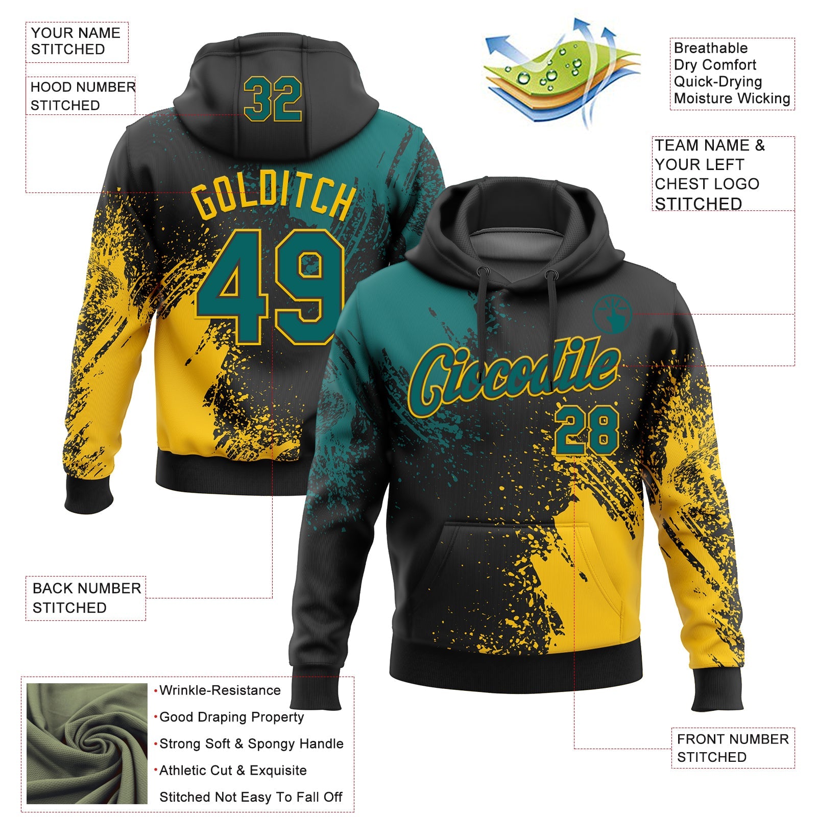 Custom Stitched Black Teal-Yellow 3D Pattern Design Abstract Brush Stroke Sports Pullover Sweatshirt Hoodie view 2