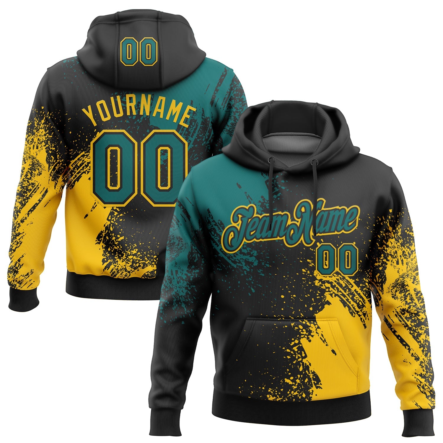 Custom Stitched Black Teal-Yellow 3D Pattern Design Abstract Brush Stroke Sports Pullover Sweatshirt Hoodie - Main View