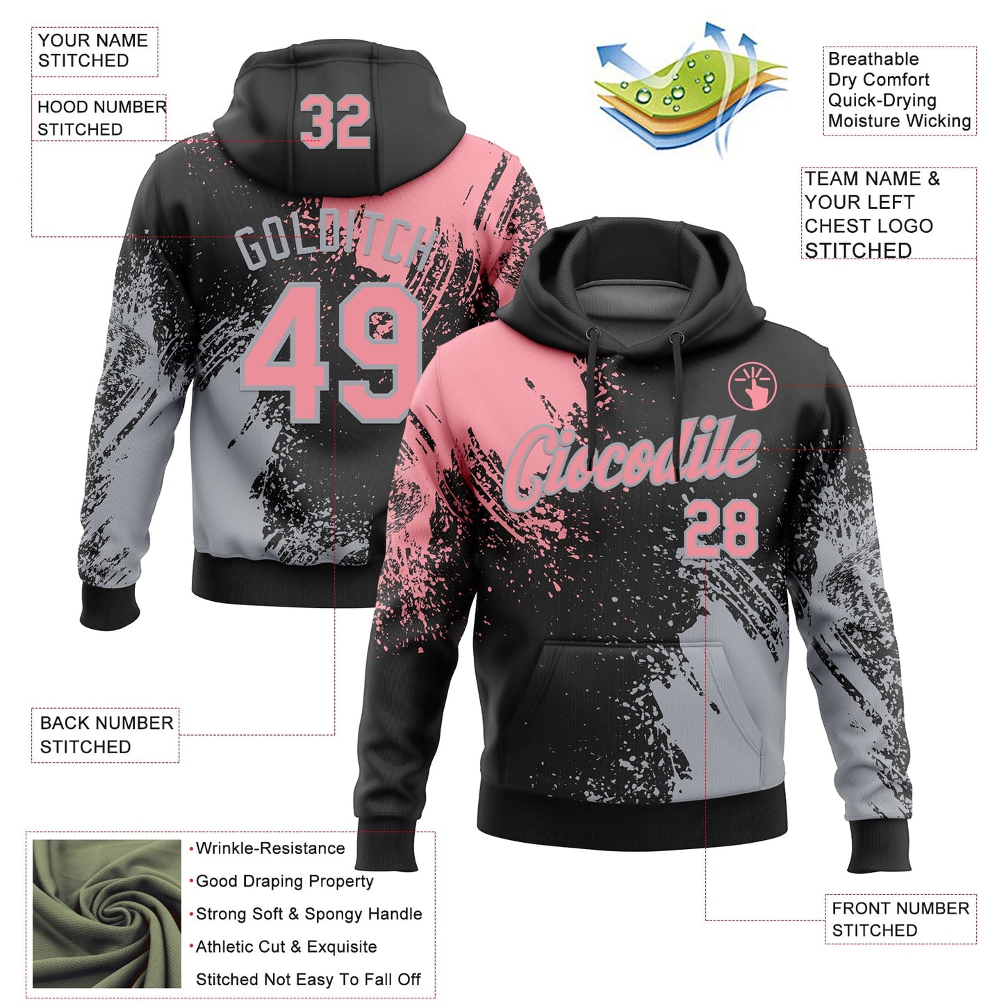 Custom Stitched Black Medium Pink-Gray 3D Pattern Design Abstract Brush Stroke Sports Pullover Sweatshirt Hoodie view 2