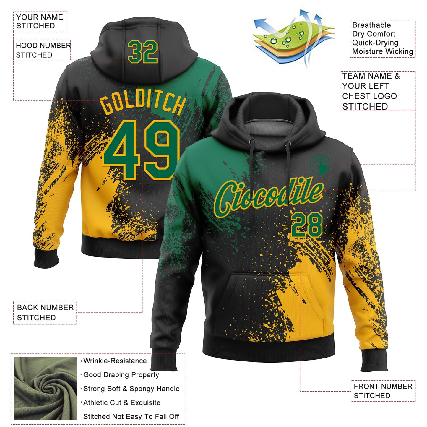 Custom Stitched Black Kelly Green-Gold 3D Pattern Design Abstract Brush Stroke Sports Pullover Sweatshirt Hoodie view 2