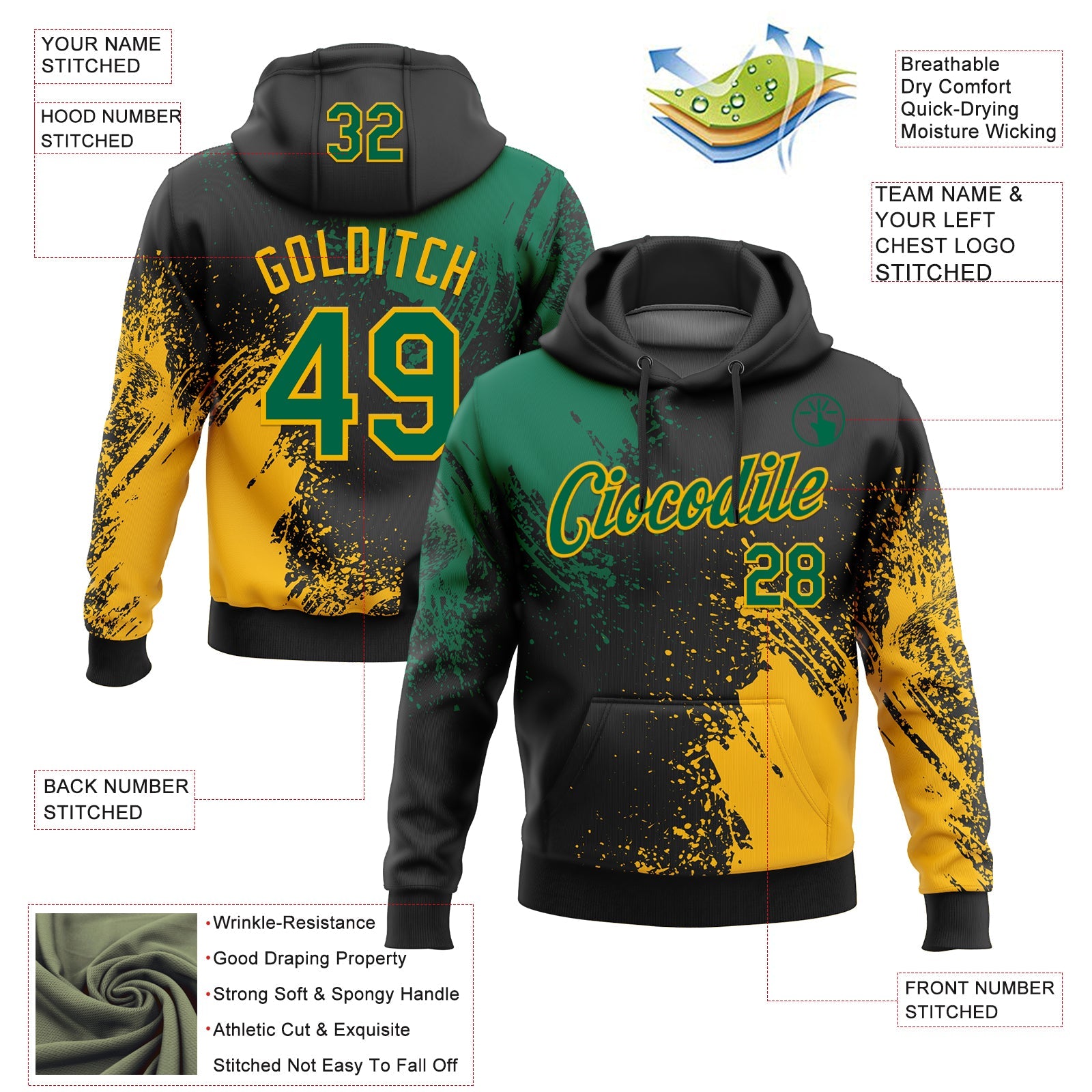 Custom Stitched Black Kelly Green-Gold 3D Pattern Design Abstract Brush Stroke Sports Pullover Sweatshirt Hoodie view 2
