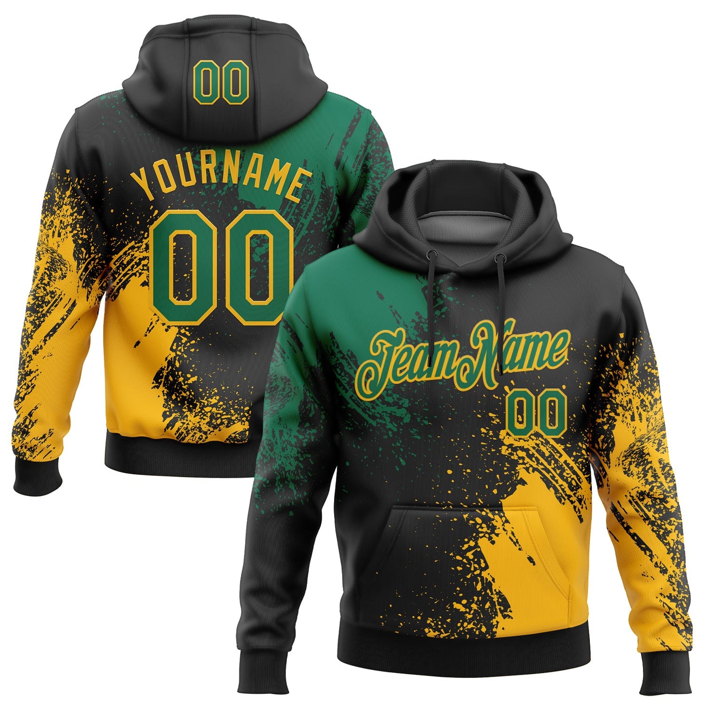Custom Stitched Black Kelly Green-Gold 3D Pattern Design Abstract Brush Stroke Sports Pullover Sweatshirt Hoodie - Main View