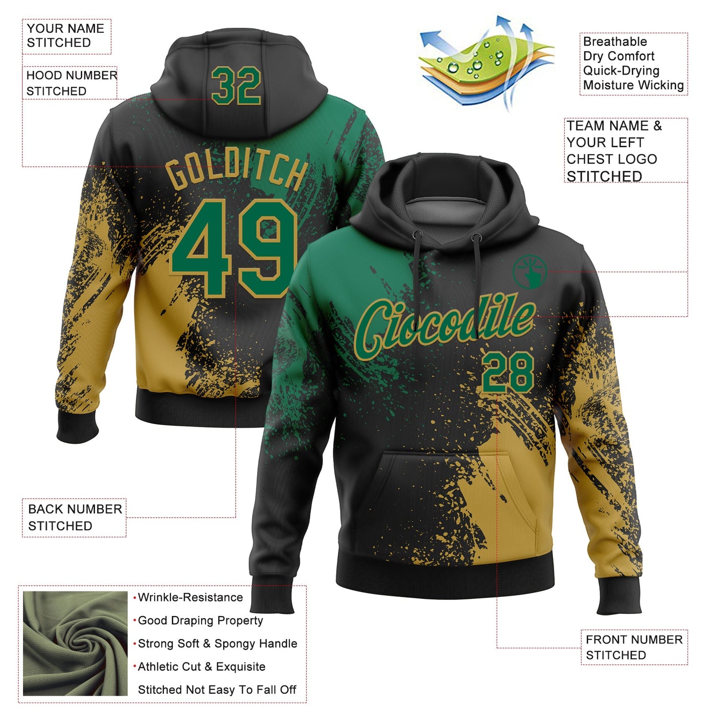 Custom Stitched Black Kelly Green-Old Gold 3D Pattern Design Abstract Brush Stroke Sports Pullover Sweatshirt Hoodie view 2