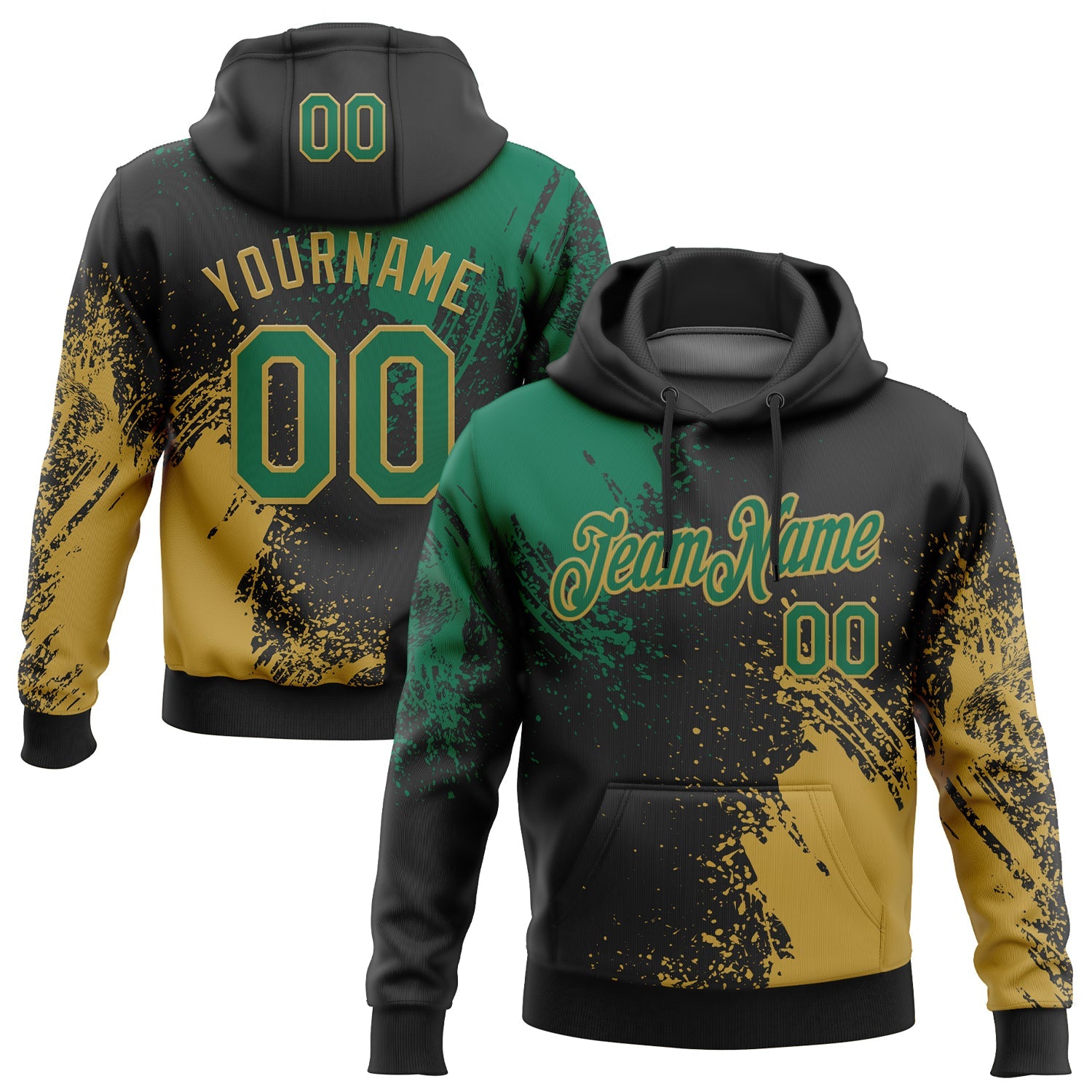 Custom Stitched Black Kelly Green-Old Gold 3D Pattern Design Abstract Brush Stroke Sports Pullover Sweatshirt Hoodie - Main View