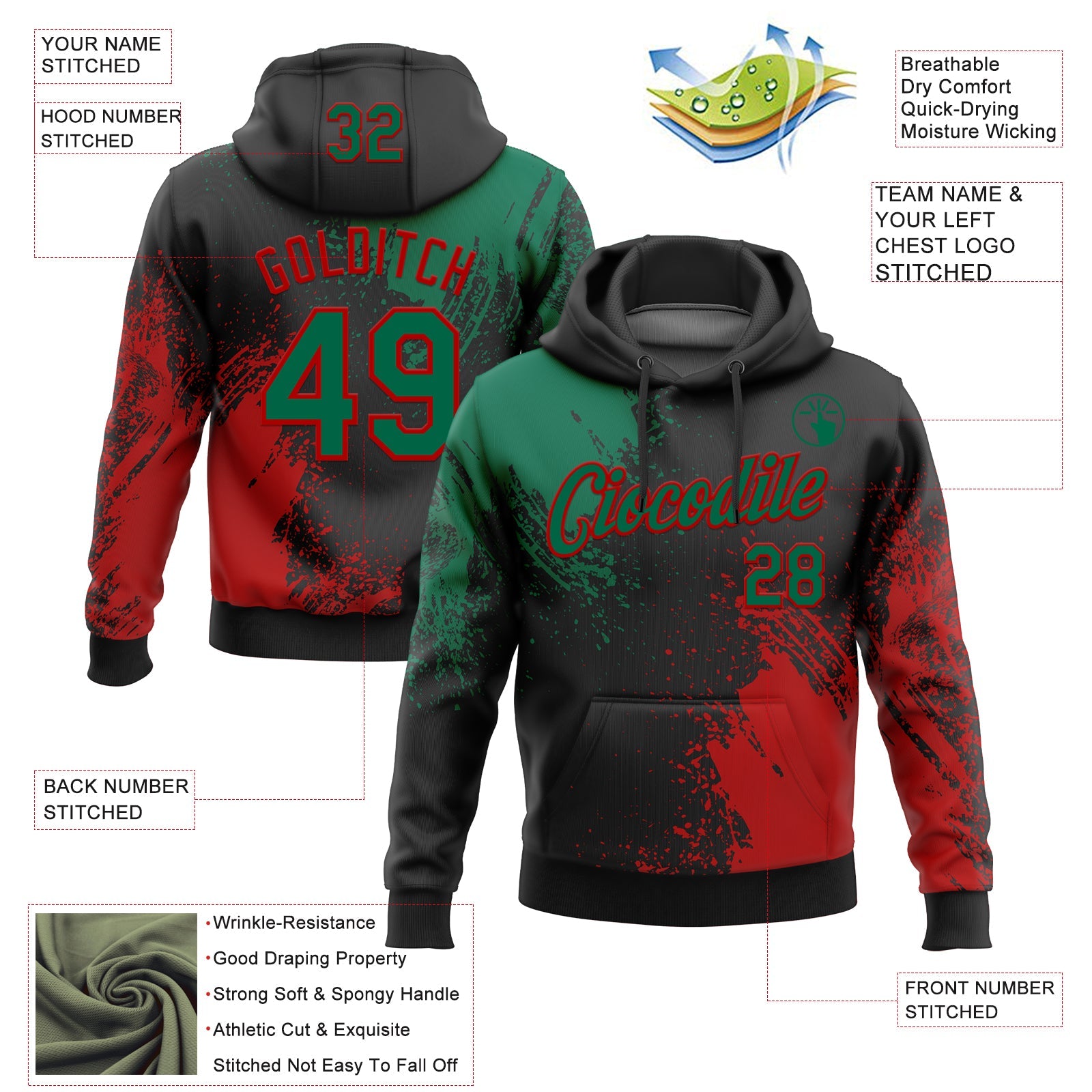 Custom Stitched Black Kelly Green-Red 3D Pattern Design Abstract Brush Stroke Sports Pullover Sweatshirt Hoodie view 2