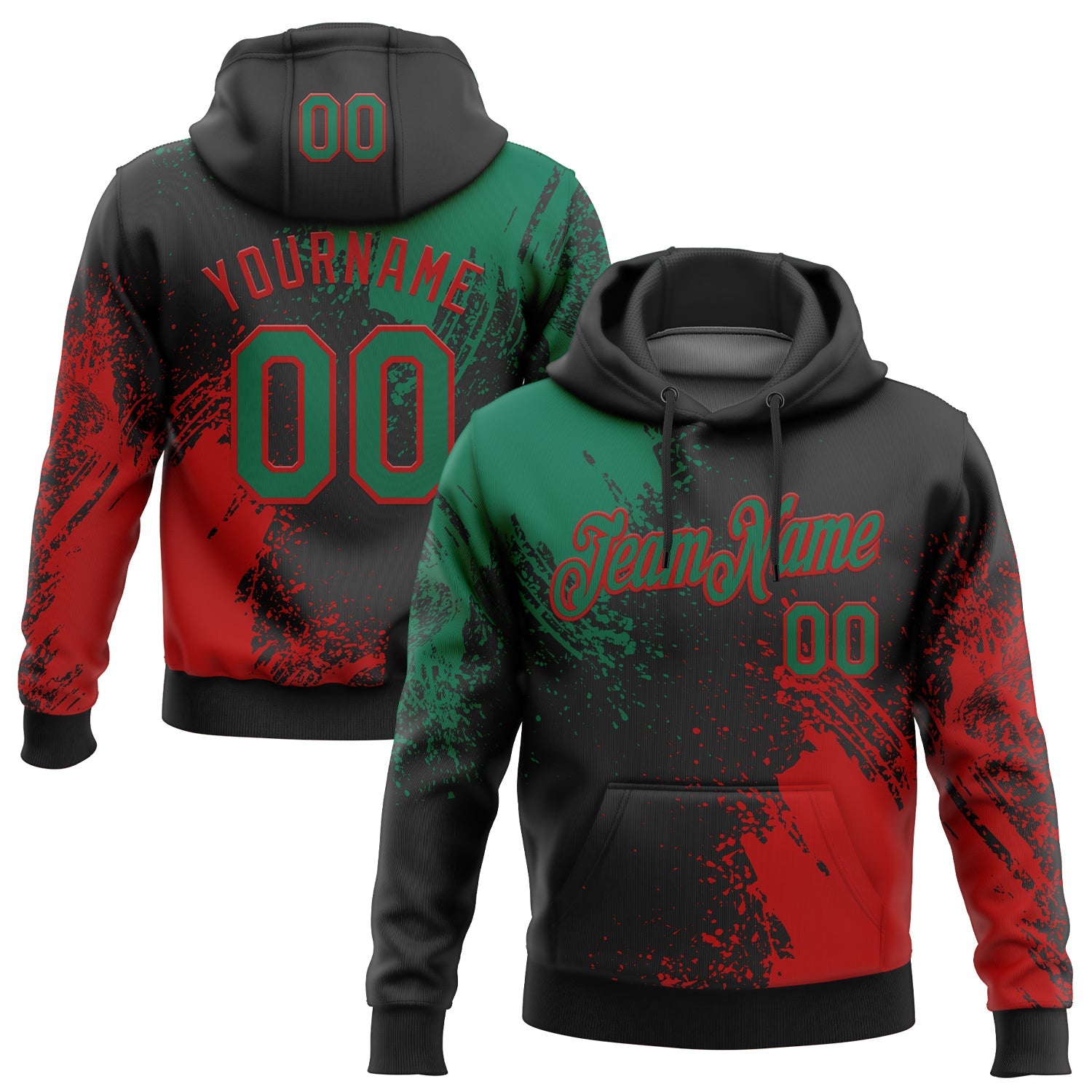 Custom Stitched Black Kelly Green-Red 3D Pattern Design Abstract Brush Stroke Sports Pullover Sweatshirt Hoodie - Main View