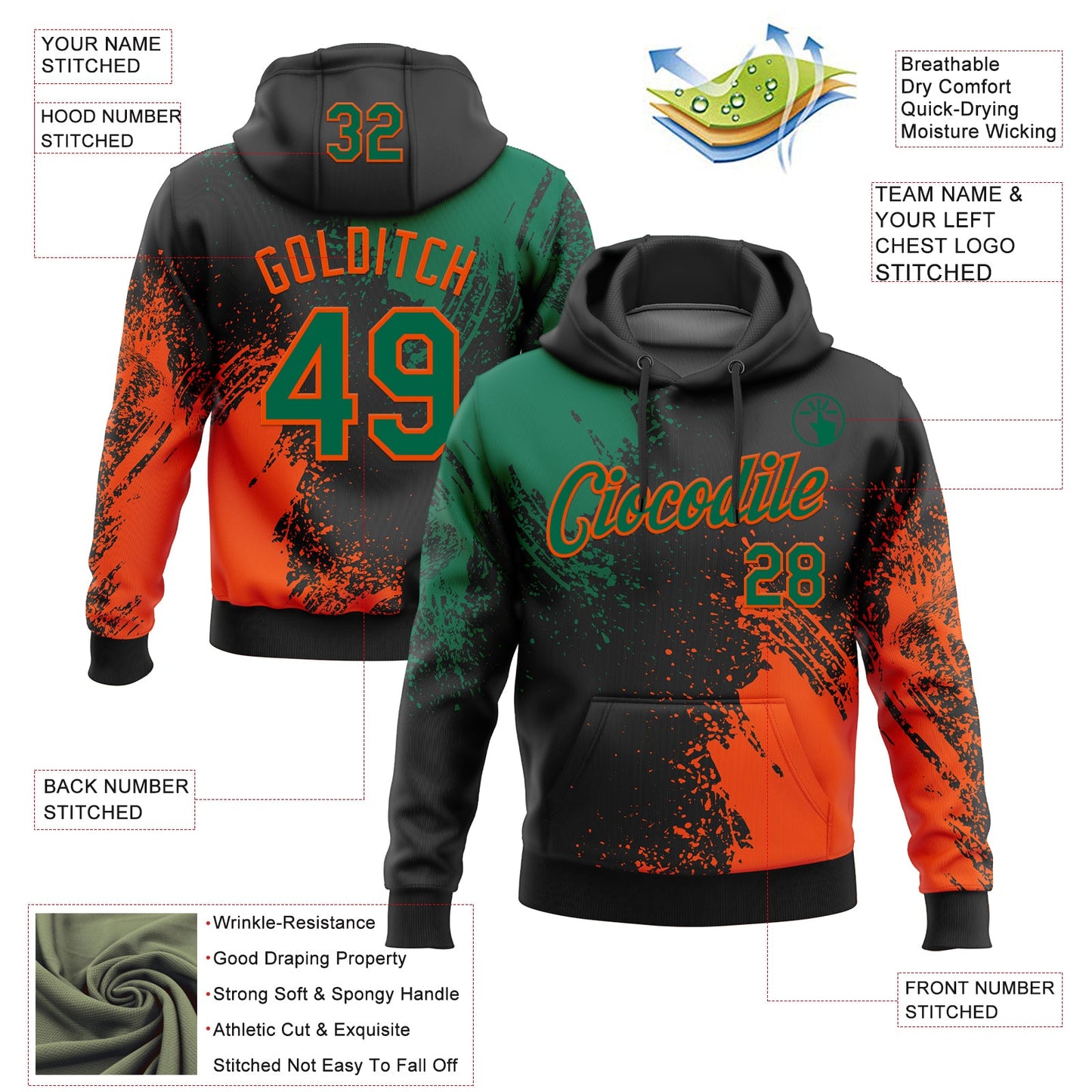 Custom Stitched Black Kelly Green-Orange 3D Pattern Design Abstract Brush Stroke Sports Pullover Sweatshirt Hoodie view 2