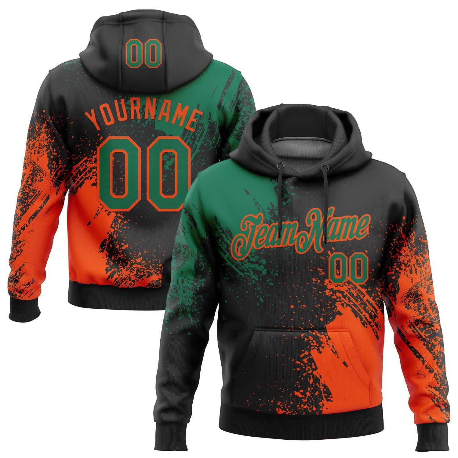 Custom Stitched Black Kelly Green-Orange 3D Pattern Design Abstract Brush Stroke Sports Pullover Sweatshirt Hoodie - Main View
