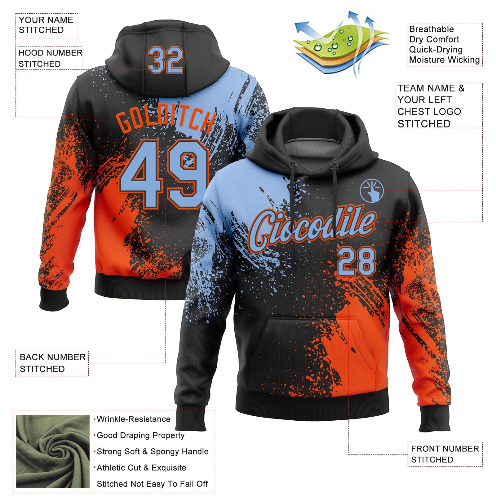 Custom Stitched Black Light Blue-Orange 3D Pattern Design Abstract Brush Stroke Sports Pullover Sweatshirt Hoodie view 2