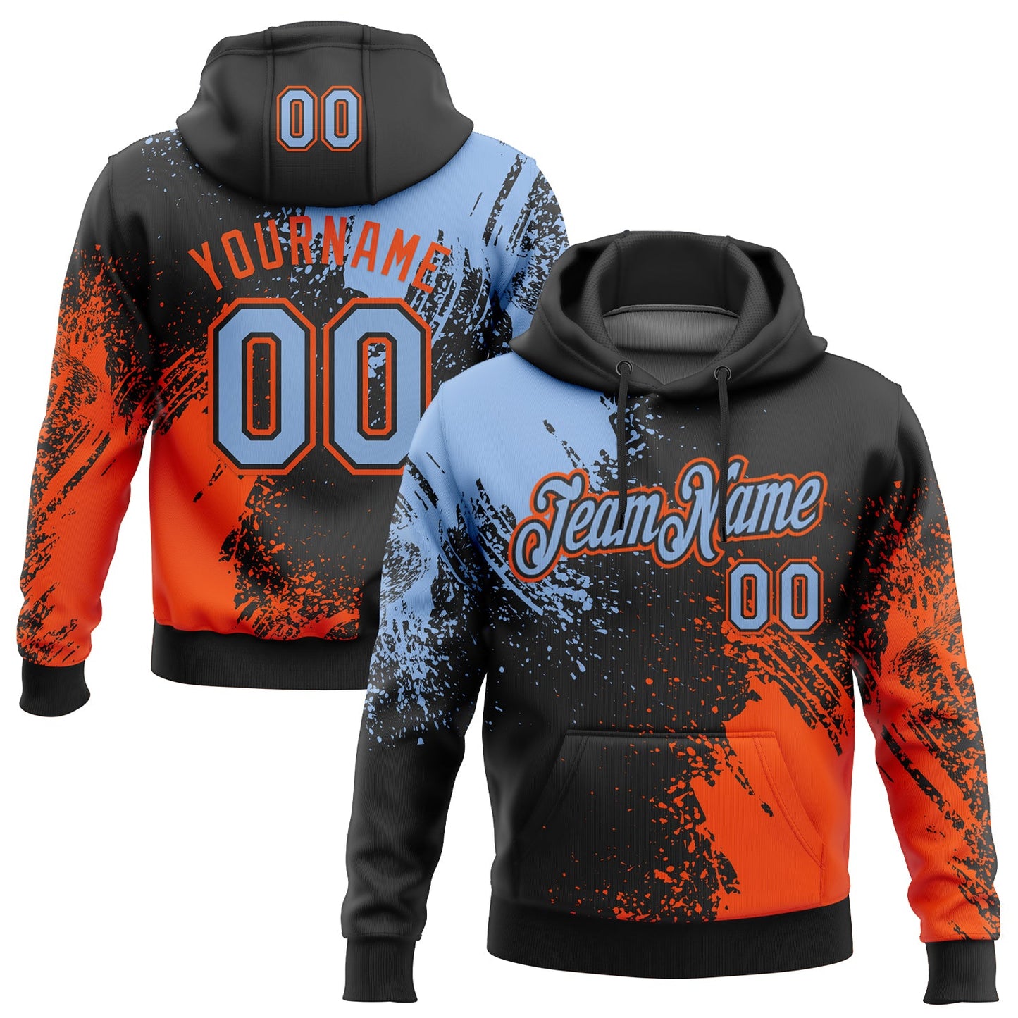 Custom Stitched Black Light Blue-Orange 3D Pattern Design Abstract Brush Stroke Sports Pullover Sweatshirt Hoodie - Main View